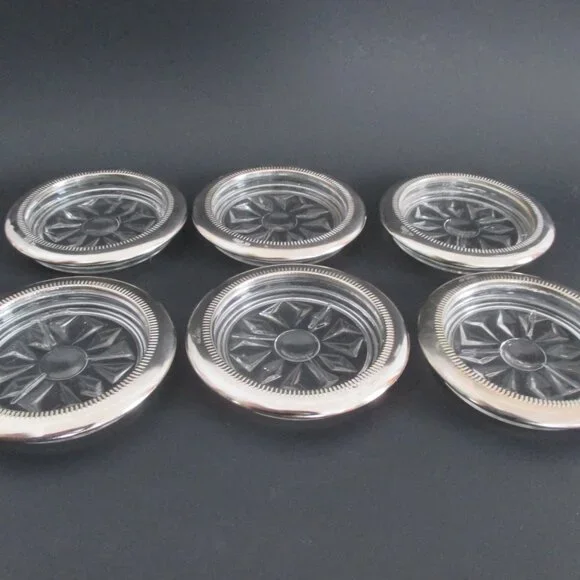 6 Glass Coasters Silver Plate Rims - Picture 4 of 6